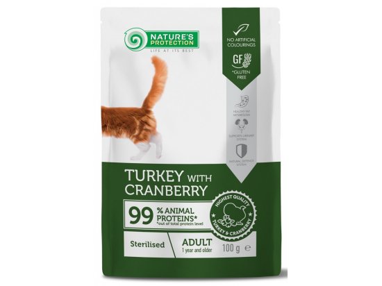 Фото - вологий корм (консерви) Natures Protection (Нейчез Протекшин) Sterilized Adult Turkey & Cranberry вологий корм для стерилізованих котів ІНДИЧКА та ЖУРАВЛИНА, пауч