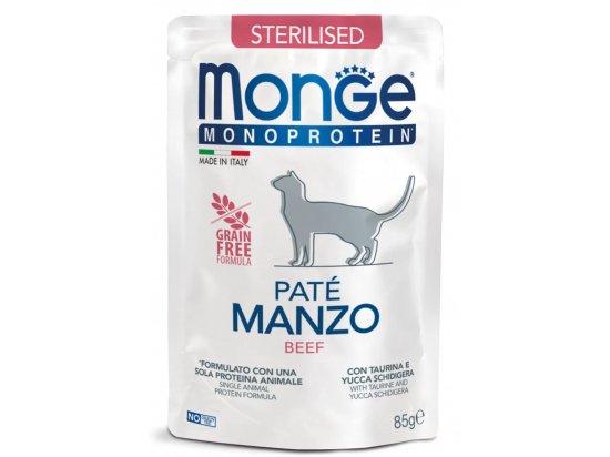 Фото - влажный корм (консервы) Monge Cat Monoprotein Sterilised Beef монопротеиновый влажный корм для стерилизованных кошек ГОВЯДИНА, пауч