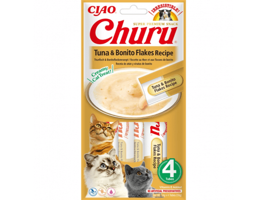 Фото - ласощі Inaba Cat Churu Tuna and Bonito Flakes ласощі для котів вершковий мус ТУНЕЦЬ та ПЛАСТІВЦІ БОНІТО
