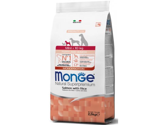 Фото - сухий корм Monge Dog Monoprotein Puppy & Junior Mini Salmon & Rice сухий монопротеїновий корм для цуценят дрібних порід ЛОСОСЬ та РИС