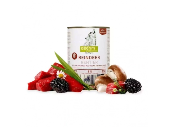Фото - вологий корм (консерви) Isegrim(Изегрим) Reindeer pure with Blackberries, Champignons & Herbs Консерви для собак з олениною, ожиною, грибами і дикими травами
