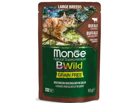Фото - вологий корм (консерви) Monge Cat Bwild Grain Free Large Breeds Bufalo & Vegetables вологий корм для кошенят та котів великих порід БУЙВОЛ та ОВОЧІ, пауч