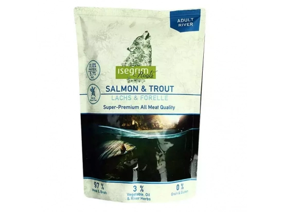 Фото - влажный корм (консервы) Isegrim (Изегрим) Pouch Roots Salmon & Trout Консервы для собак с лососем, форелью, топинамбуром, сафлоровым маслом и речными травами