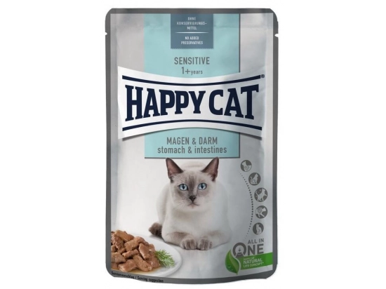 Фото - влажный корм (консервы) Happy Cat (Хэппи Кет) MEAT IN SAUCE STOMACH & INTESTINE влажный корм для кошек с чувствительным пищеварением кусочки в соусе