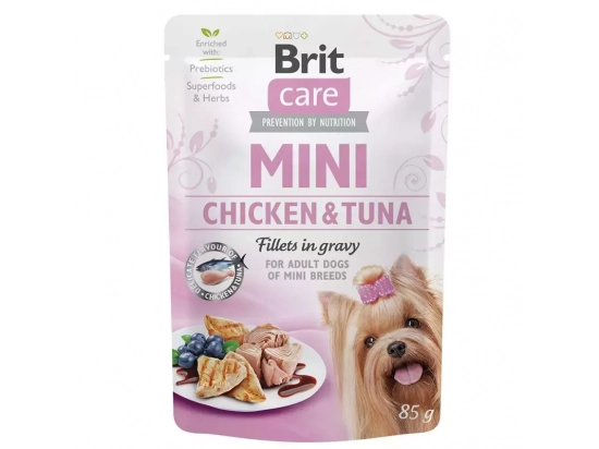 Фото - вологий корм (консерви) Brit Care Dog Mini Fillets in Gravy Chicken & Tuna консерви для собак дрібних порід ТУНЕЦЬ ТА КУРКА В СОУСІ