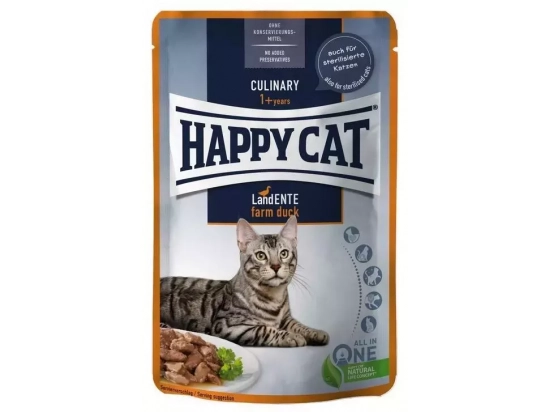 Фото - вологий корм (консерви) Happy Cat (Хепі Кет) MEAT IN SAUCE CULINARY FARM DUCK вологий корм для котів шматочки в соусі КАЧКА