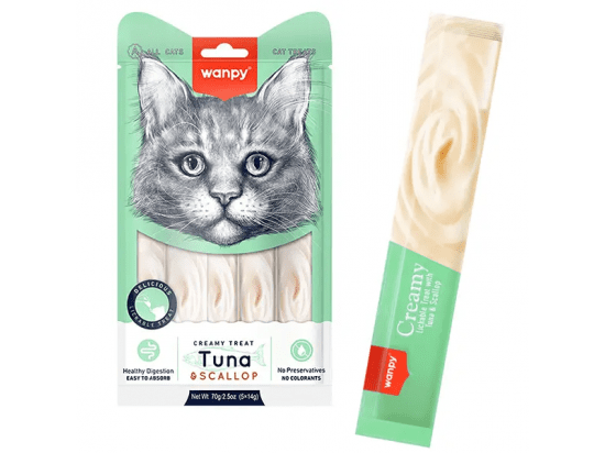 Фото - лакомства Wanpy (Ванпи) Creamy Lickable Treats Tuna & Scallop жидкое лакомство для кошек ТУНЕЦ и МОРСКОЙ ГРЕБЕШОК