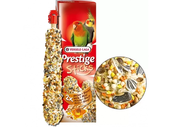 Фото - ласощі для птахів Versele-Laga (Верселя-Лага) Prestige STICKS BIG PARAKEETS NUTS & HONEY ласощі для середніх папуг, ГОРІХИ З МЕДОМ 140 г (2 шт.)