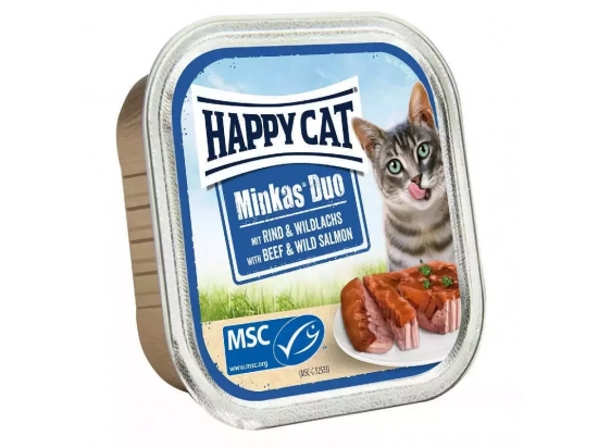 Фото - влажный корм (консервы) Happy Cat (Хэппи Кет) MINKAS BEEF & SALMON влажный корм для кошек паштет в соусе ГОВЯДИНА И ДИКИЙ ЛОСОСЬ