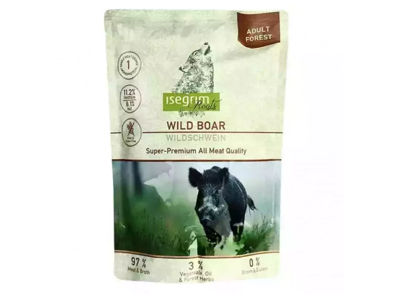 Фото - вологий корм (консерви) Isegrim (Ізегрім) Pouch Roots Wild Boar Monoprotein Консерви для собак з м'ясом дикого кабана, пастернаком, лляною олією та лісовими травами, 410 г