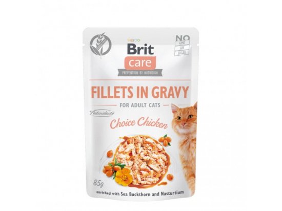 Фото - вологий корм (консерви) Brit Care Cat Fillets in Gravy Chicken, Sea Buckthorn & Nasturtium консерви для кішок КУРКА в соусі з ОБЛІПИХОЮ та НАСТУРЦІЄЮ