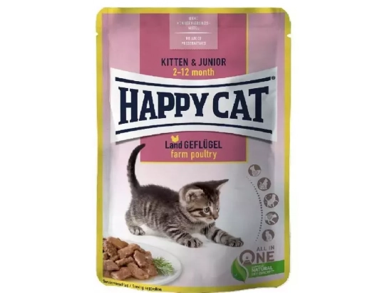 Фото - вологий корм (консерви) Happy Cat (Хепі Кет) MEAT IN SAUCE KITTEN & JUNIOR FARM POULTRY вологий корм для кошенят шматочки в соусі ПТИЦЯ