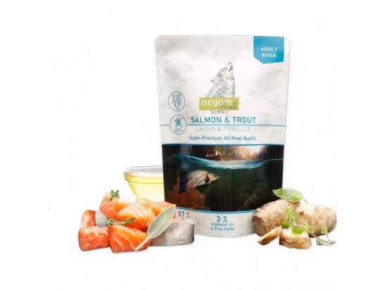 Фото - вологий корм (консерви) Isegrim (Ізегрім) Pouch Roots Salmon & Trout Консерви для собак з лососем, фореллю, топінамбуром, сафлоровою олією і річковими травами