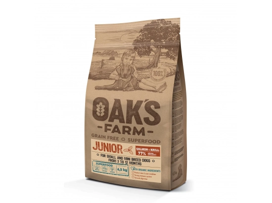 Фото - сухий корм Oak's Farm Salmon with Krill Junior Small & Mini беззерновий корм для молодих собак малих порід від 3 місяців ЛОСОСЬ і КРИЛЬ