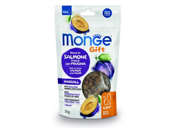 Фото - ласощі Monge Cat Gift Hairball Adult Salmon & Plum ласощі для гігієни зубів і виведення шерсті у котів ЛОСОСЬ та СЛИВА