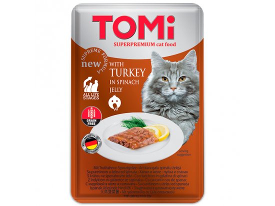 Фото - вологий корм (консерви) Tomi (Томі) TURKEY IN SPINACH JELLY (ІНДИЧКА В ШПИНАТНОМУ ЖЕЛЕ) консерви для кішок, пауч