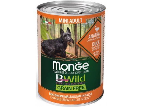 Фото - вологий корм (консерви) Monge Dog Bwild Grain Free Mini Adult Duck, Pumpkin & Zucchini вологий корм для собак дрібних порід КАЧКА, ГАРБУЗ та КАБАЧКИ