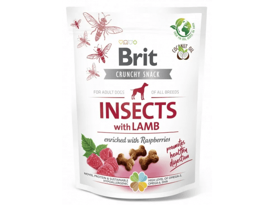 Фото - ласощі Brit Care Dog Crunchy Cracker Insects, Lamb & Raspberries ласощі для здорового травлення собак КОМАХИ, ЯГНЯ і МАЛИНА