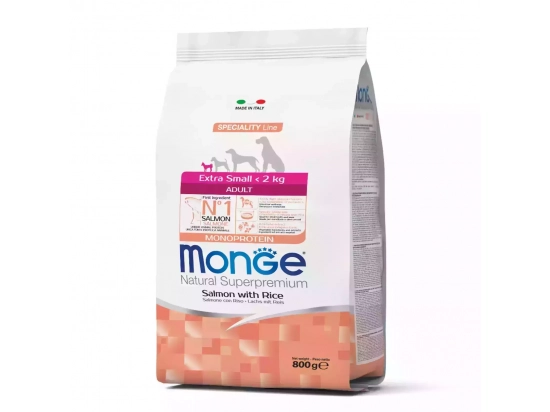 Фото - сухий корм Monge Dog Monoprotein  Adult Extra Small Salmon & Rice сухий монопротеїновий корм для дорослих собак міні порід ЛОСОСЬ та РИС