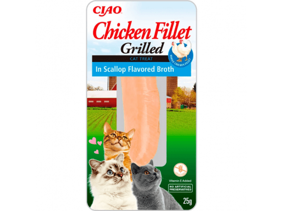 Фото - ласощі Inaba Cat Grilled Chicken Fillet in Scallop Broth ласощі для котів КУРЯЧЕ ФІЛЕ В БУЛЬЙОНІ З МОРСЬКИХ ГРЕБІНЦІВ