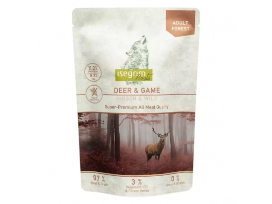 Фото - вологий корм (консерви) Isegrim(Изегрим) Pouch Roots Deer & Game Консерви для собак з олениною, м'ясом дичини, коренем петрушки, сафлоровою олією і лісовими травами