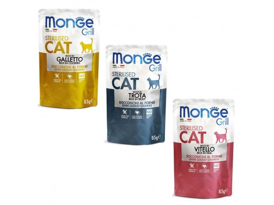 Фото - влажный корм (консервы) Monge Cat Grill Adult MIX Multi Box влажный корм для стерилизованных кошек ПЕТУХ, ТЕЛЯТИНА, ФОРЕЛЬ, пауч мультипак