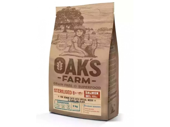 Фото - сухий корм Oak's Farm Salmon Sterilised 8+ беззерновий корм для стерилізованих, літніх кішок ЛОСОСЬ