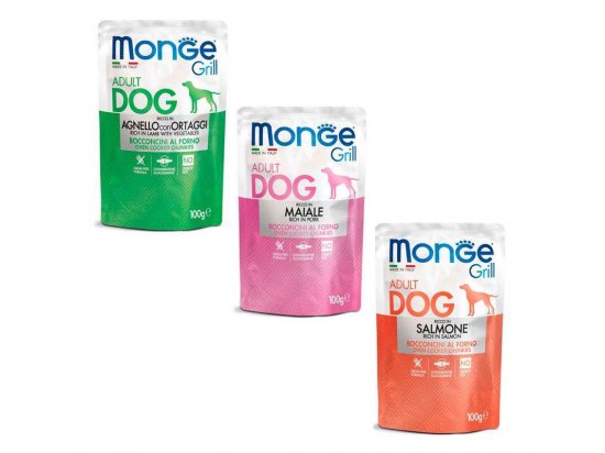 Фото - влажный корм (консервы) Monge Dog Grill Adult Mix Multi Box влажный корм для собак ЛОСОСЬ, СВИНИНА, ЯГНЕНОК и ОВОЩИ, пауч мультипак