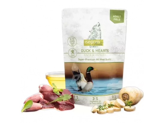 Фото - вологий корм (консерви) Isegrim (Ізегрім) Pouch Roots Duck & Hearts Консерви для собак з качкою, сердечками, овочами, лляною олією і польовими травами, 410 г