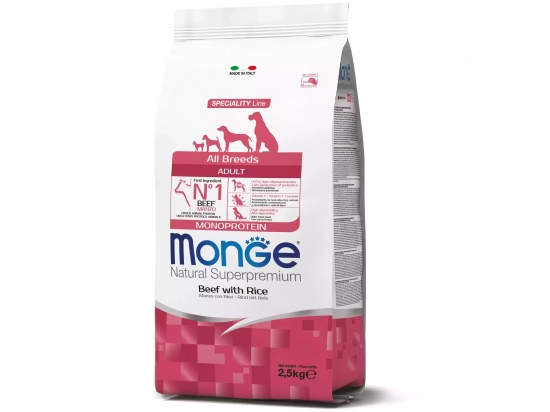 Фото - сухой корм Monge Dog Monoprotein Adult All Breeds Beef & Rice сухой монопротеиновый корм для собак всех пород ГОВЯДИНА и РИС