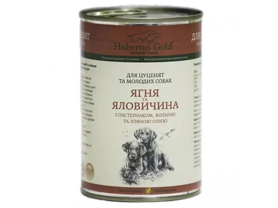 Фото - влажный корм (консервы) Hubertus Gold (Хубертус Голд) ЯГНЕНОК И ГОВЯДИНА консервы для щенков с пастернаком, кольраби и льняным маслом