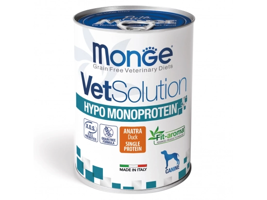 Фото - ветеринарные корма Monge Dog VetSolution Hypo Monoprotein Duck лечебный влажный монопротеиновый корм для собак для снижения непереносимости ингредиентов УТКА