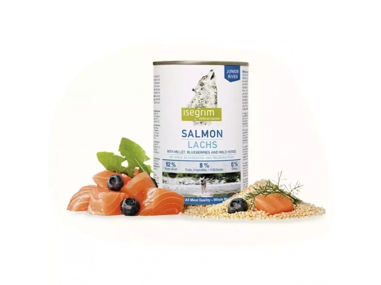 Фото - вологий корм (консерви) Isegrim (Ізегрім) Junior Salmon with Millet, Blueberries & Wild Herbs Консерви для цуценят з лососем, просом, чорницею і дикими травами