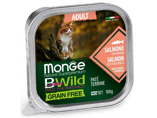 Фото - вологий корм (консерви) Monge Cat Bwild Grain Free Adult Salmon & Vegetables вологий корм для котів ЛОСОСЬ та ОВОЧІ, паштет