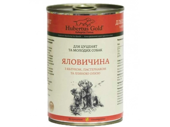 Фото - вологий корм (консерви) Hubertus Gold (Хубертус Голд) ЯЛОВИЧИНА З ЯБЛУКОМ ТА ПАСТЕРНАКОМ консерви для цуценят з лляною олією