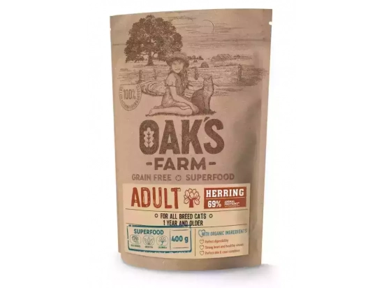 Фото - сухий корм Oak's Farm Herring Adult беззерновий корм для дорослих кішок ОСЕЛЕДЕЦЬ