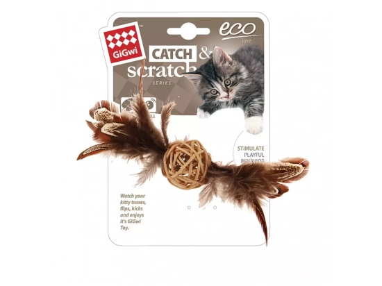 Фото - іграшки GiGwi (Гігві) Catch & Scratch ПЛЕТЕНИЙ М'ЯЧИК іграшка для котів з дзвіночком та пір'ям, 13 см