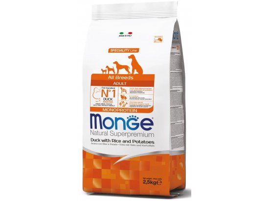 Фото - сухий корм Monge Dog Monoprotein Adult All Breeds Duck, Rice & Potatoes сухий монопротеїновий корм для собак всіх порід КАЧКА, РИС та КАРТОПЛЯ