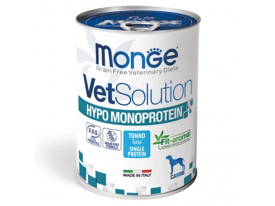 Фото - ветеринарні корми Monge Dog VetSolution Hypo Monoprotein Tuna лікувальний вологий монопротеїновий корм для собак для зниження непереносимості інгредієнтів ТУНЕЦЬ
