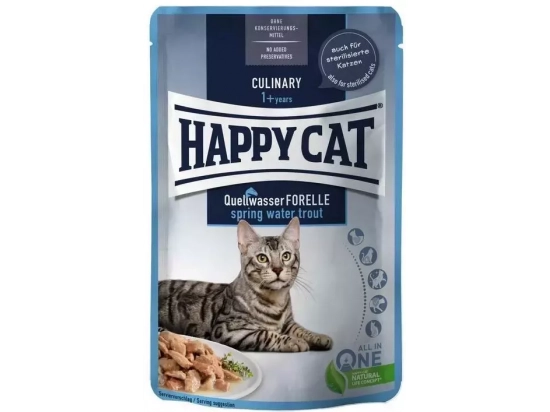 Фото - влажный корм (консервы) Happy Cat (Хэппи Кет) MEAT IN SAUCE CULINARY SPRING-WATER TROUT влажный корм для кошек кусочки в соусе ФОРЕЛЬ