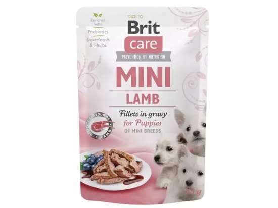Фото - вологий корм (консерви) Brit Care Dog Puppy Mini Fillets in Gravy Lamb консерви для цуценят дрібних порід ЯГНЯ В СОУСІ