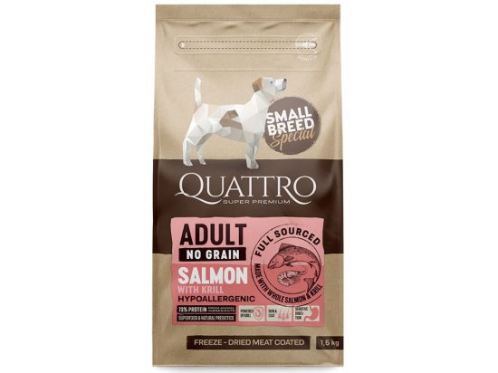 Фото - сухой корм Quattro (Кваттро) Hypoallergenic Adult Small Breed Salmon & Krill сухой корм для взрослых собак малых пород с пищевой аллергией ЛОСОСЬ и КРИЛЬ