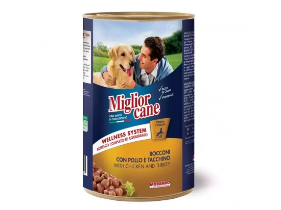 Фото - влажный корм (консервы) Migliorcane (Миглиоркане) Влажный корм для собак, КУРИЦА, ИНДЕЙКА, кусочками