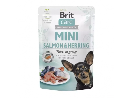 Фото - вологий корм (консерви) Brit Care Dog Sterilised Mini Fillets in Gravy Salmon & Herring консерви для стерилізованих собак дрібних порід ОСЕЛЕДЕЦЬ та ЛОСОСЬ В СОУСІ