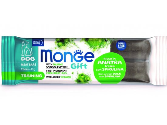 Фото - лакомства Monge Dog Gift Training Adult Dack & Spirulina лакомство для собак, фруктовый батончик для поддержания сердца УТКА и СПИРУЛИНА