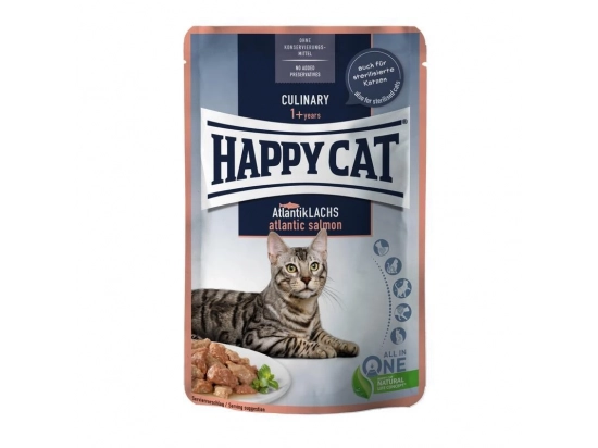 Фото - вологий корм (консерви) Happy Cat (Хепі Кет) MEAT IN SAUCE CULINARY ATLANTIK SALMON вологий корм для стерилізованих котів шматочки в соусі АТЛАНТИЧНИЙ ЛОСОСЬ