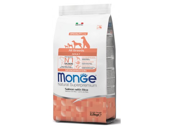 Фото - сухий корм Monge Dog Monoprotein Adult All Breeds Salmon & Rice сухий монопротеїновий корм для собак всіх порід ЛОСОСЬ та РИС