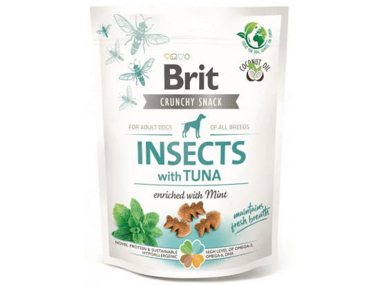 Фото - ласощі Brit Care Dog Crunchy Cracker Insects, Tuna & Mint ласощі для свіжого подиху собак КОМАХИ, ТУНЕЦЬ і М'ЯТА