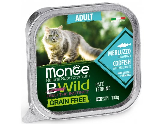 Фото - вологий корм (консерви) Monge Cat Bwild Grain Free Adult Codfish & Vegetables вологий корм для котів ТРІСКА та ОВОЧІ, паштет