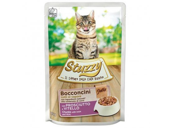 Фото - влажный корм (консервы) Stuzzy (Штуззи) HAM AND VEAL CAT консервы для кошек, ВЕТЧИНА И ТЕЛЯТИНА, кусочки в желе